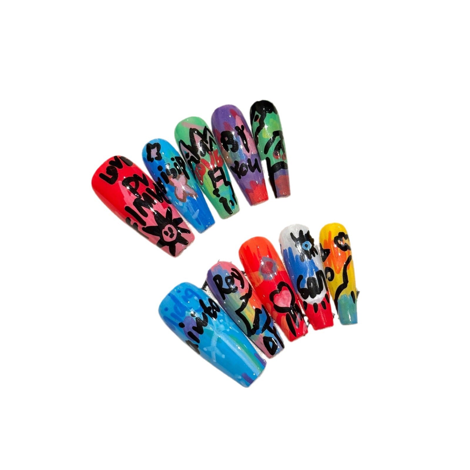 Unhas postiças artesanais com estampa de unhas Spice Girl, ensaio colorido, série de pinturas a óleo Graffiti, unhas postiças removíveis | 365nails