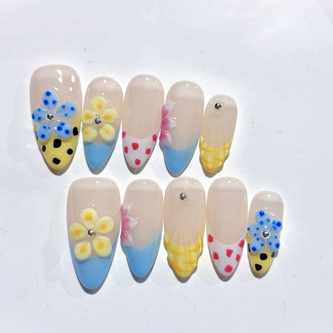 365nails 圓點花卉：「彩色3D花朵」— 中長款杏仁形手工製甲片