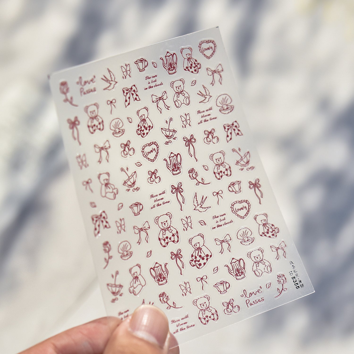 Vintage Teddy Bear: "Red Line Art" – 3D Embossed Nail Sticker
