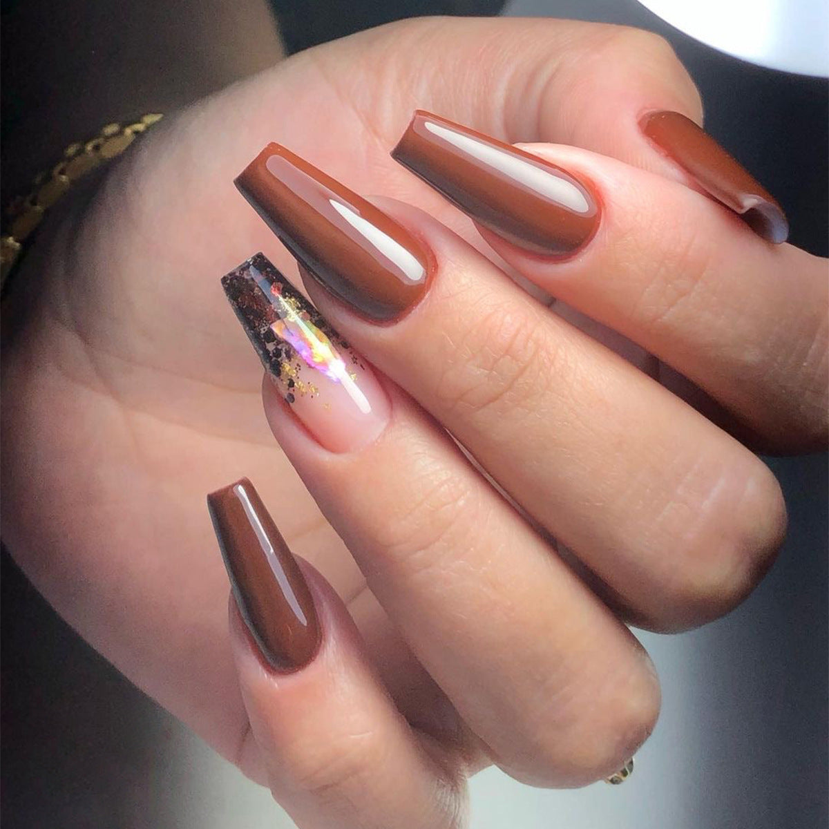 Simple solid color dark coffee color press on nails piece wholesale fake nail nude glitter nail art autumn and winter new nail piece｜365nails