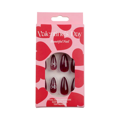 Burgundy solid color simple ins nail art piece Valentine's Day bow point diamond  almond  wholesale｜365nails