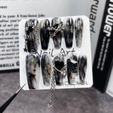 Parche para uñas largo estilo Spice Girl, hecho a mano, con diseño de manchas oscuras, colgante, para usar | 365nails