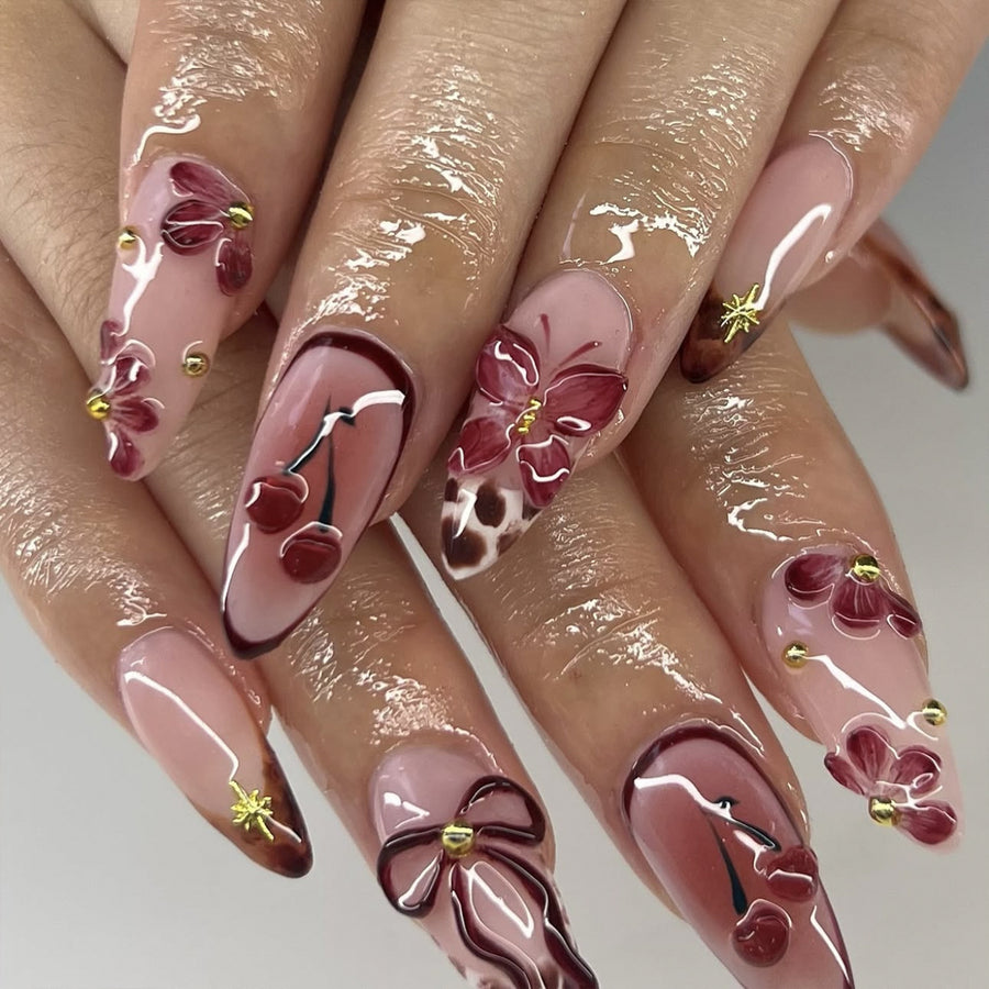 Vintage Flower 3D Stereo Bow Almond press-on nails