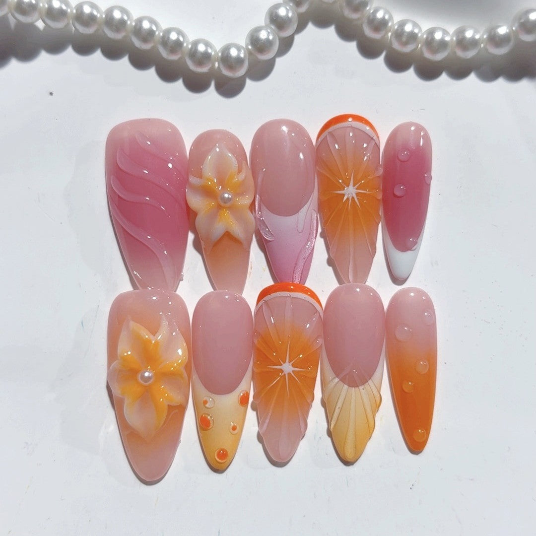 365nails-桃柑：「果香花卉」 – 杏仁形 手工製 3D 雕刻 穿戴甲