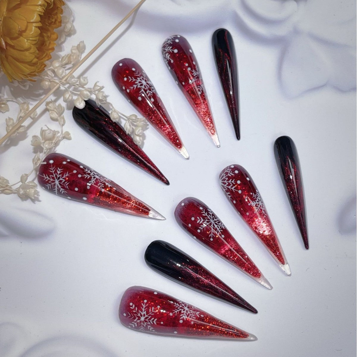 Title Ember Snow | Crimson Frost Crystal Press-On Nails