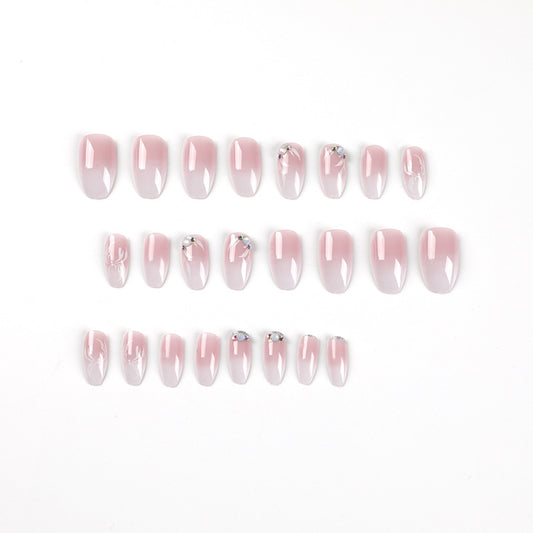 Nail art piece pink and white gradual change press on nails short petal rhinestone nail art patch press on nails press on nails wholesale｜365nails