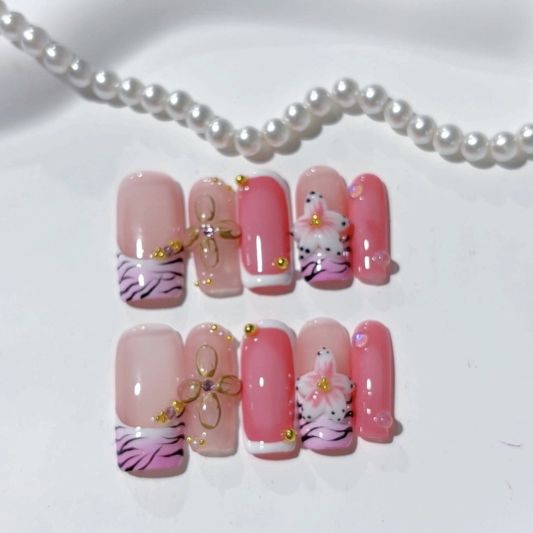 365nails-Pink Wildcat: "Zebra Flower" – Square Handmade 3D Carved Press-On Nails