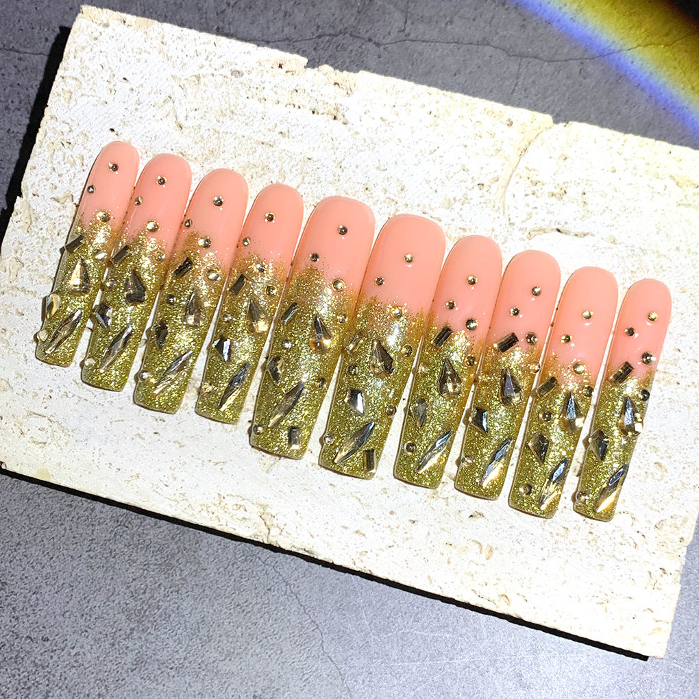 金色亮粉長款穿戴甲，水鑽鑲嵌華麗飾面