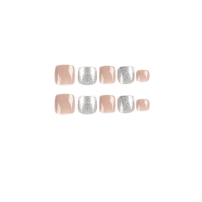 wholesale finished product Nude white edge French  Silver glitter toenail patch Nail art ｜365nails