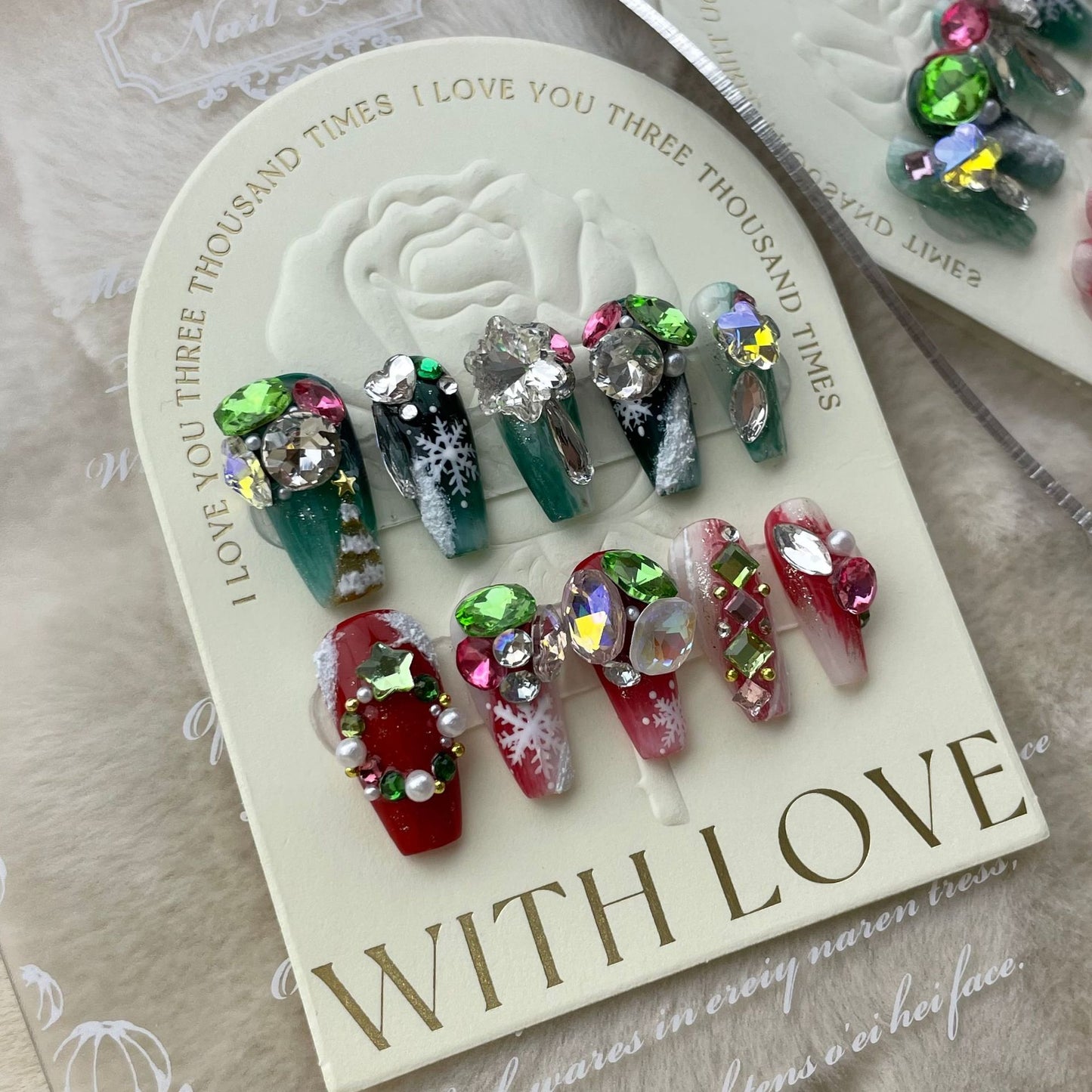 Red and Green Christmas Press‑On Nails – Gem & Snowflake Luxury Design