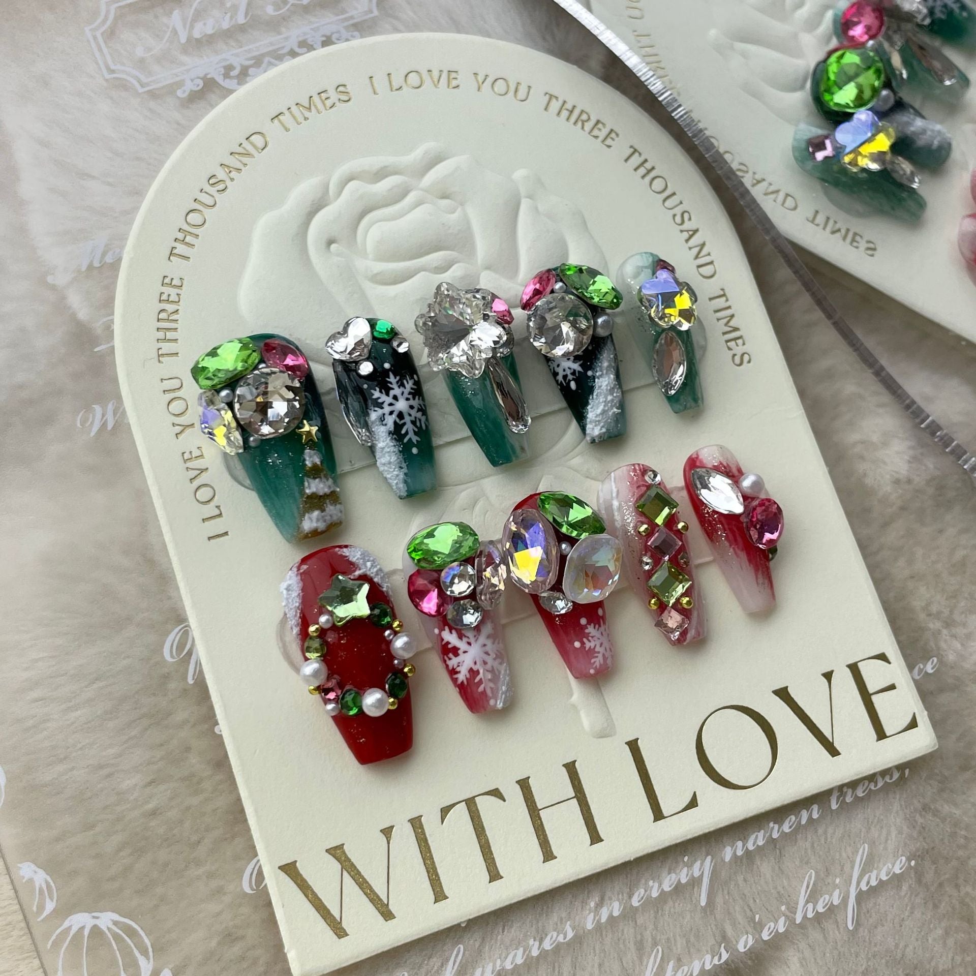 Red and Green Christmas Press‑On Nails – Gem & Snowflake Luxury Design