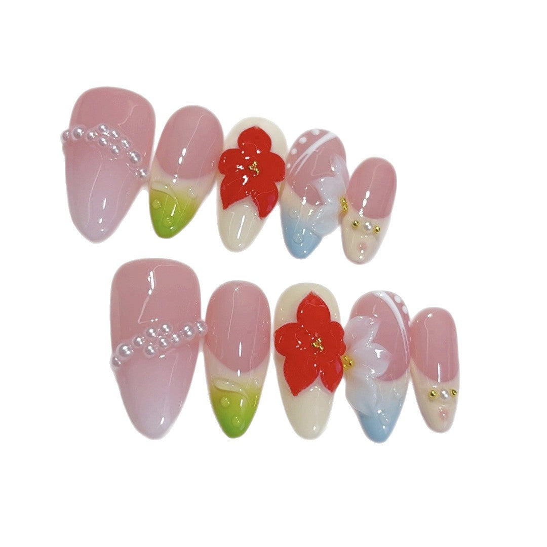 Spring Blossom: "Cherry Pearl Glow" – Almond Shape Handmade Press-Ons