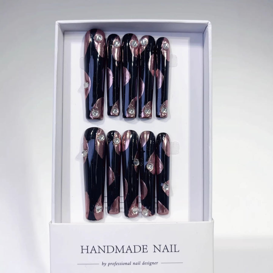 365nails: "Midnight Rose Glam" – Extra Long Square Black-Pink Metallic Rhinestone Handmade Press-On Nails