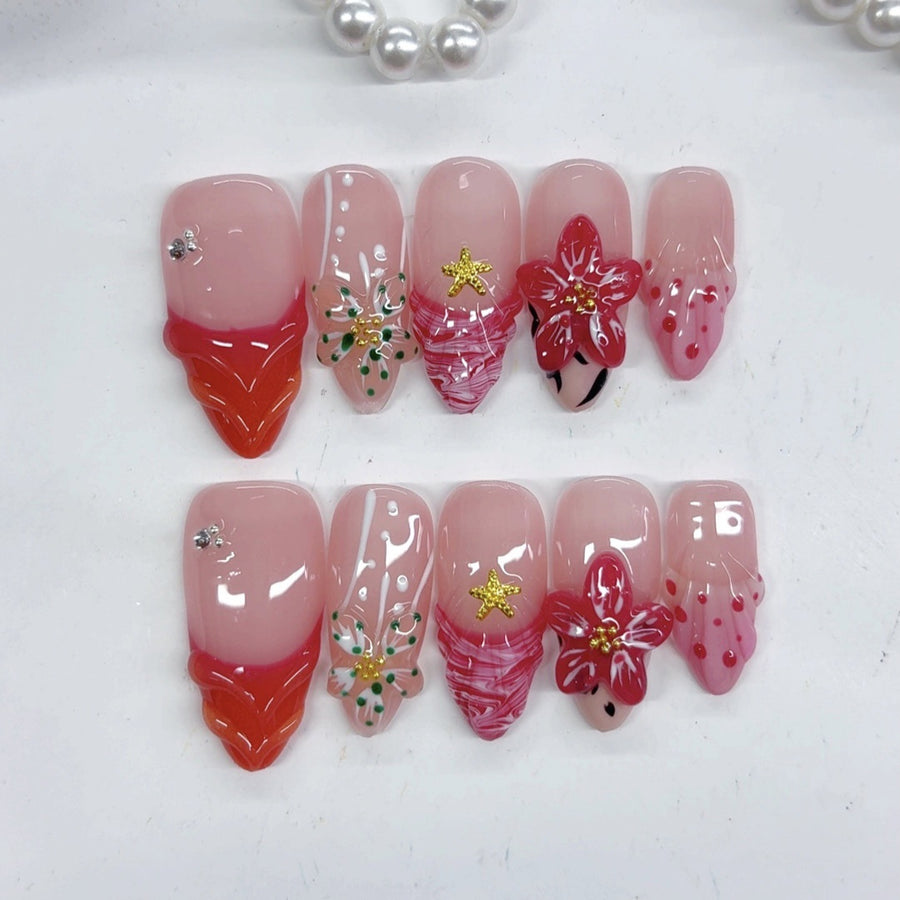 365nails-Ruby Blossom: "Red Floral" – Almond Shape Handmade 3D Carved Press-On Nails