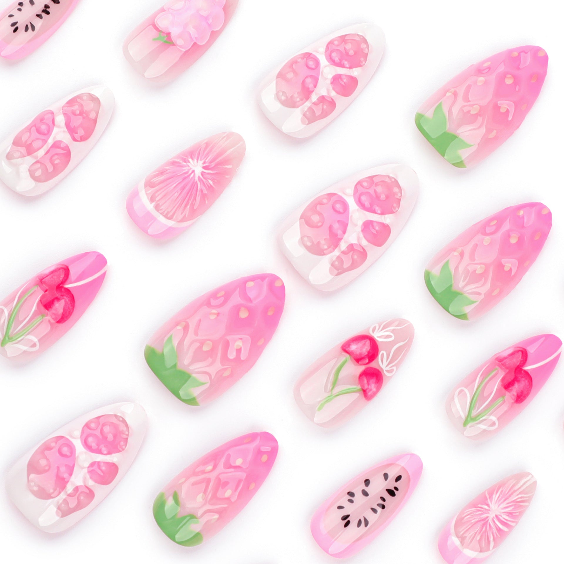 Sweet pink fresh fruit wearing nail cherry strawberry nail art fake nail 3D popular nail patch