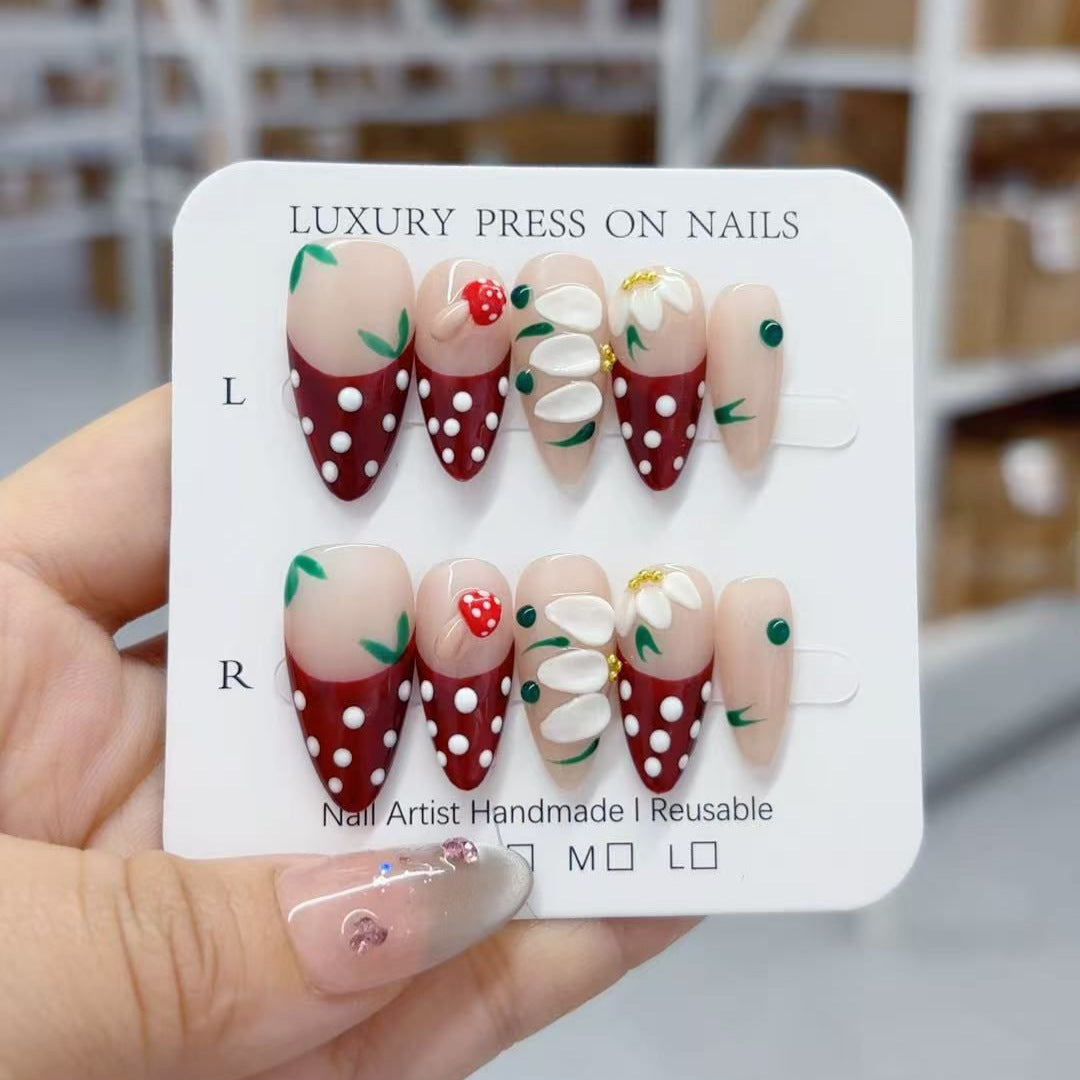 Berry Bliss: "Strawberry Daisy" – Medium Almond Handmade Press On Nails