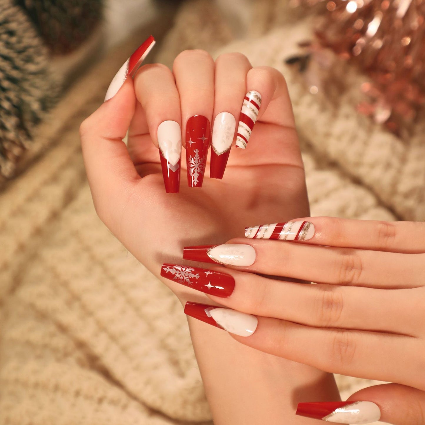 Christmas press on nails snowflake love snowman manicure short almond bow  long nail wholesale｜365nails