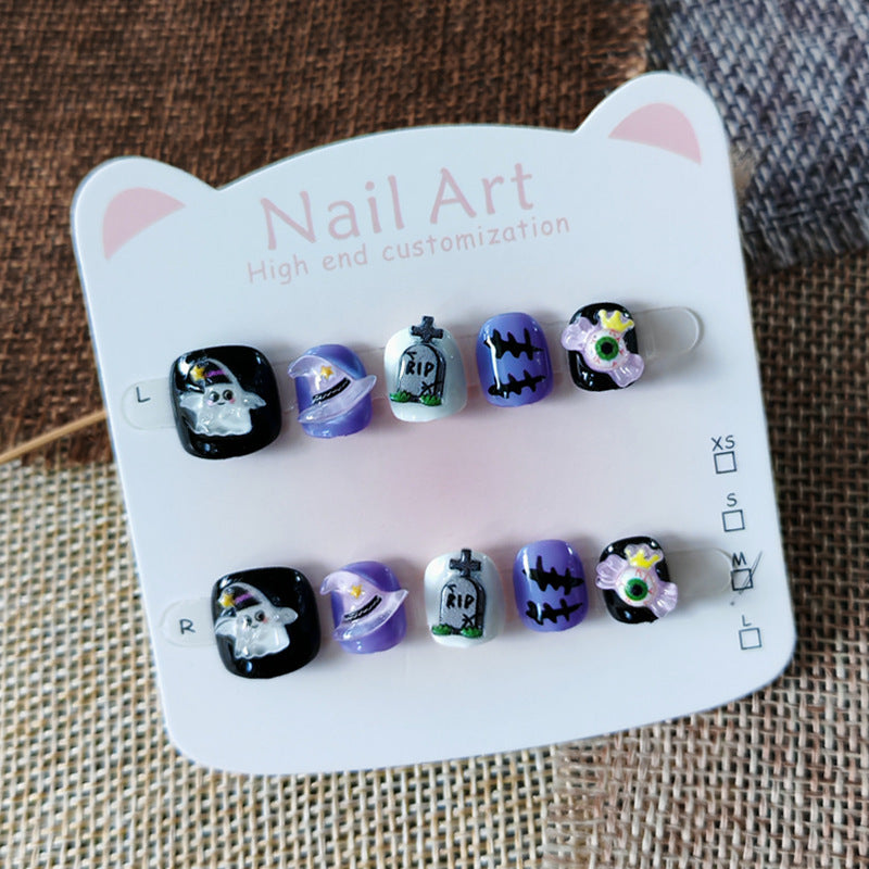 365nails-萬聖節驚奇兒童系列：「墓園幽靈魔法」 – 兒童短款方形穿戴甲