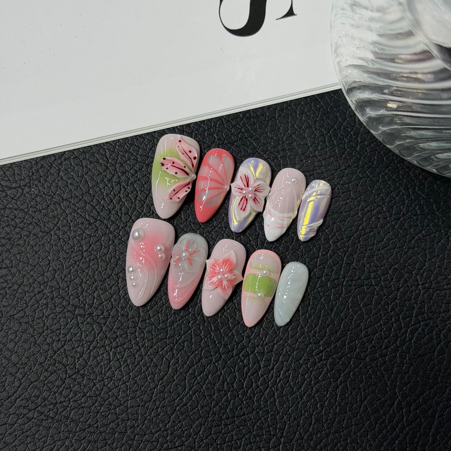 365nails: "Spring Whisper" – 3D 플로럴 & 마블 수제 아몬드형 네일