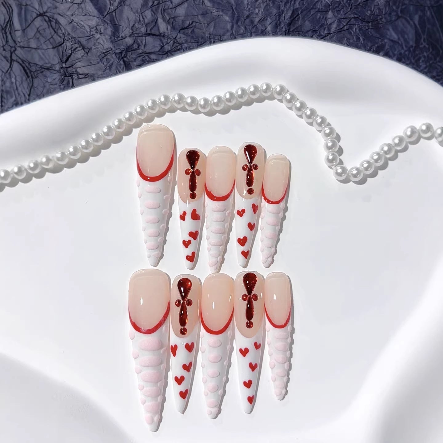 365nails: "Crimson Heart Ribbon" – Long Stiletto French Tip Handmade Press-On Nails