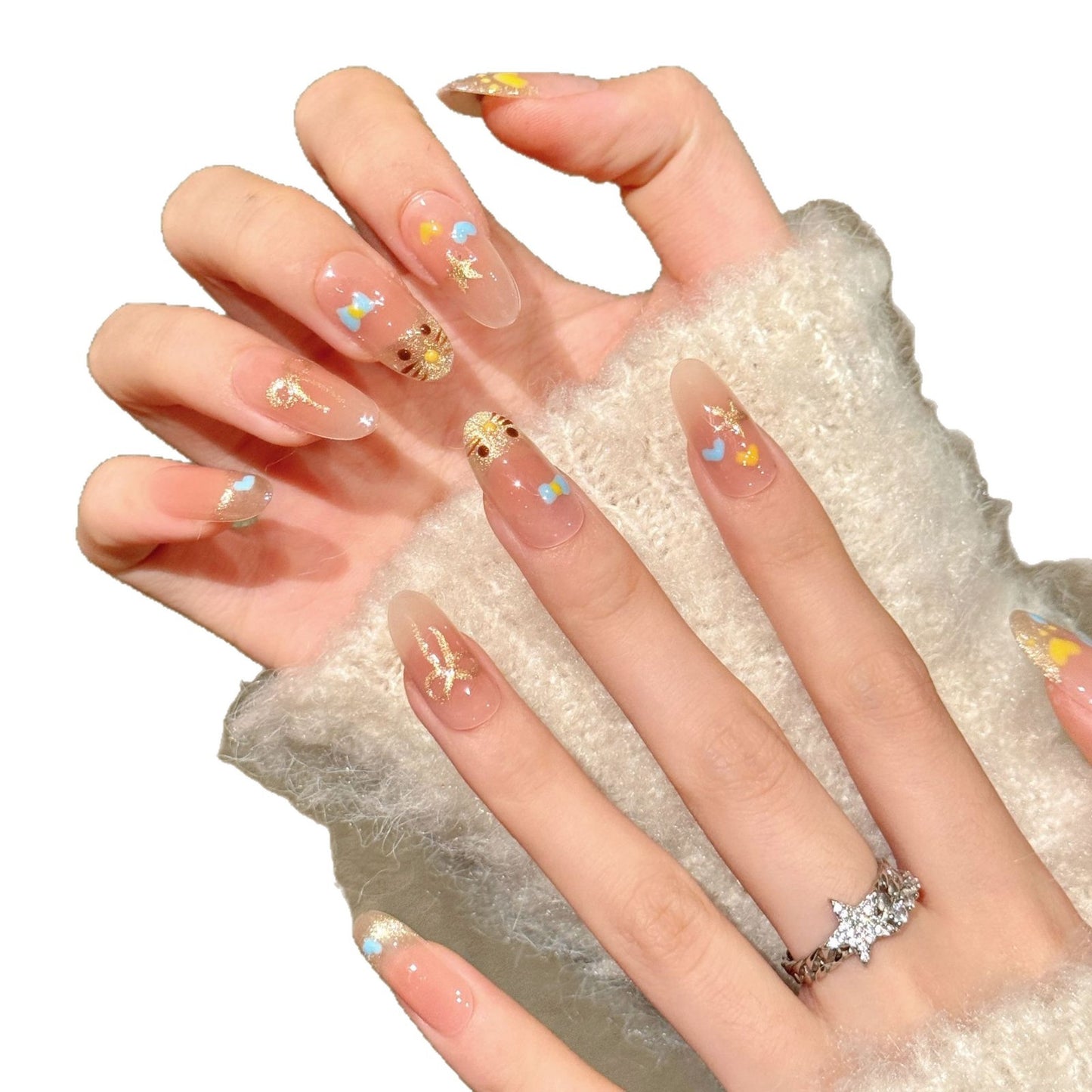 Cute Gradient Nails with Hearts and Kitty Accents