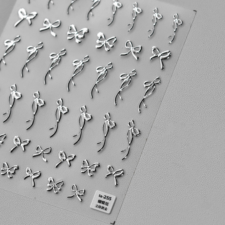 3D Silver Bow Nail Stickers – 5D Embossed Minimalist Elegance Set