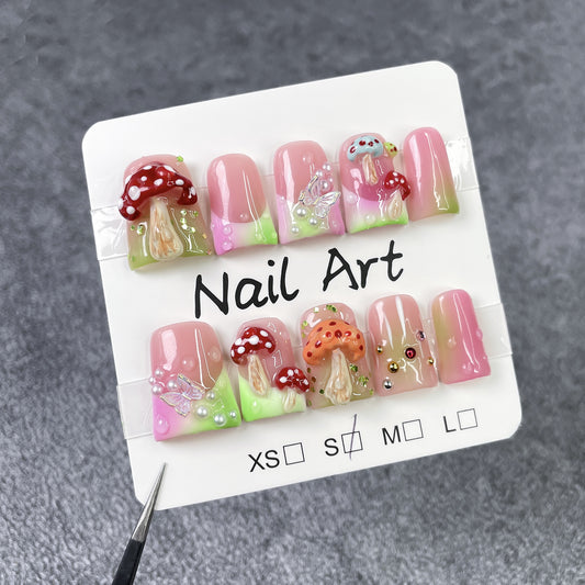 Unhas de bico de pato com cogumelo multicolorido, mudança gradual de gelo através de relevo francês, unhas postiças, unhas postiças, puras feitas à mão｜365nails