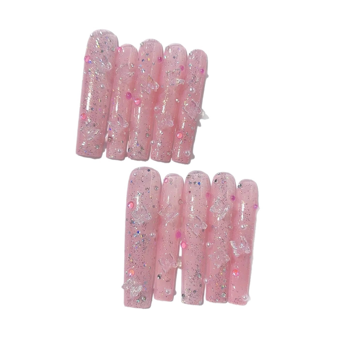 365nails: "Pink Butterfly Glitter" – Extra Long Square Glittery Pink Butterfly Handmade Press-On Nails