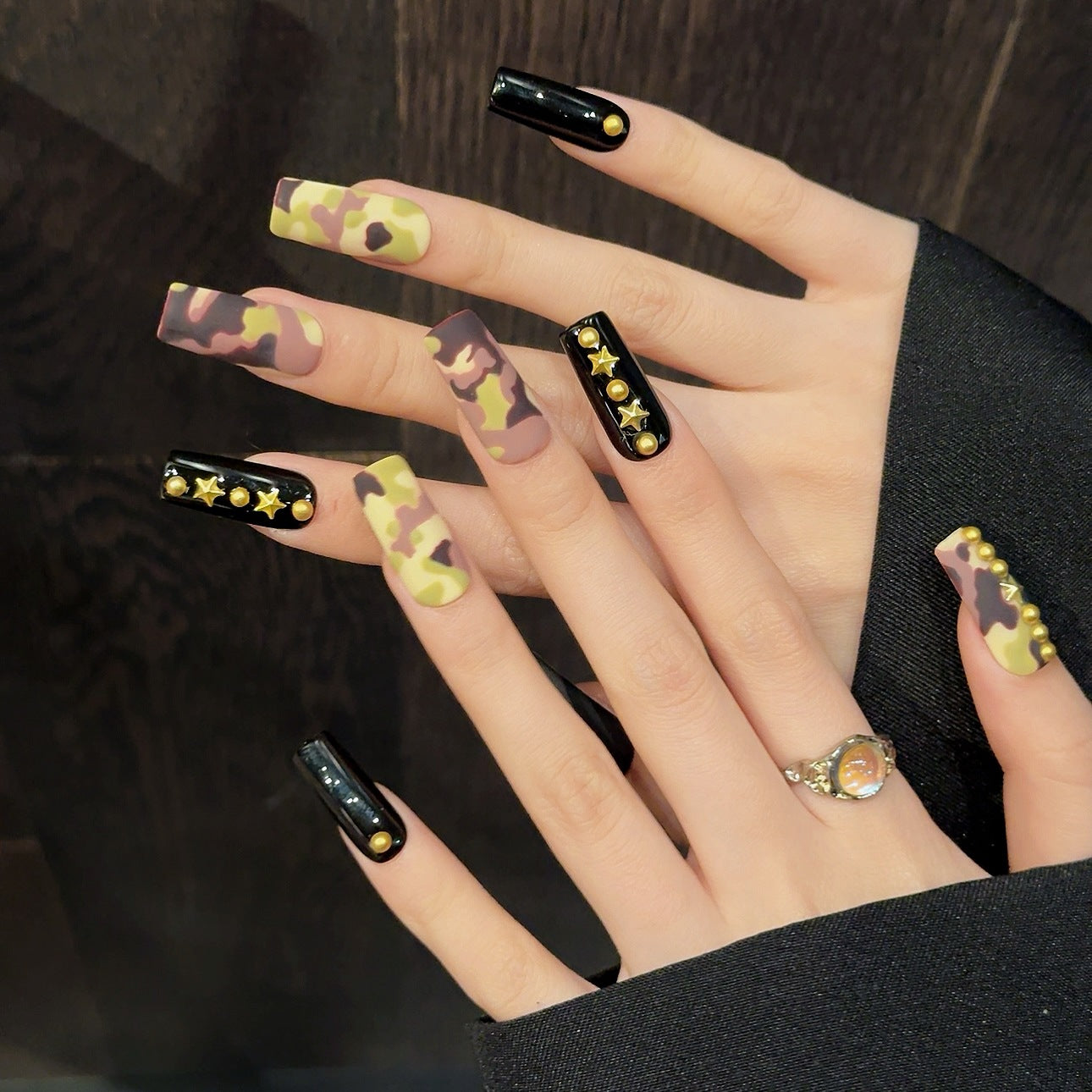 Diseño de uñas, estampado de camuflaje de la selva tropical china de verano, estrella de cinco puntas, uñas postizas extraíbles | 365nails