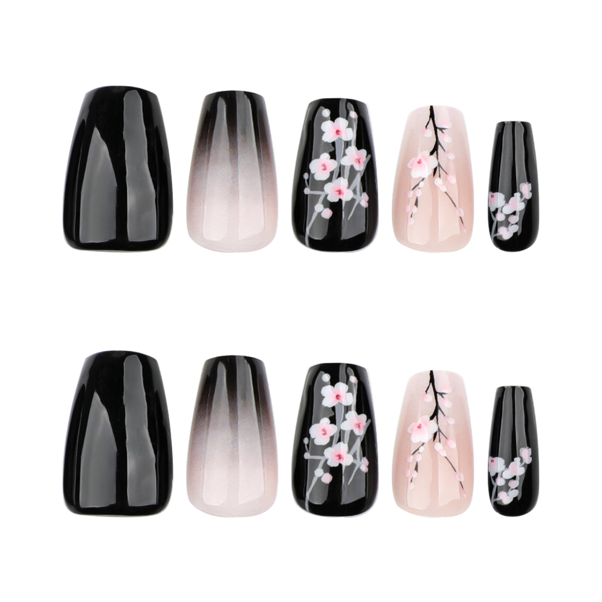 黑色漸變甲片｜新中式梅花 短款芭蕾形可拆式成品 批發｜365nails