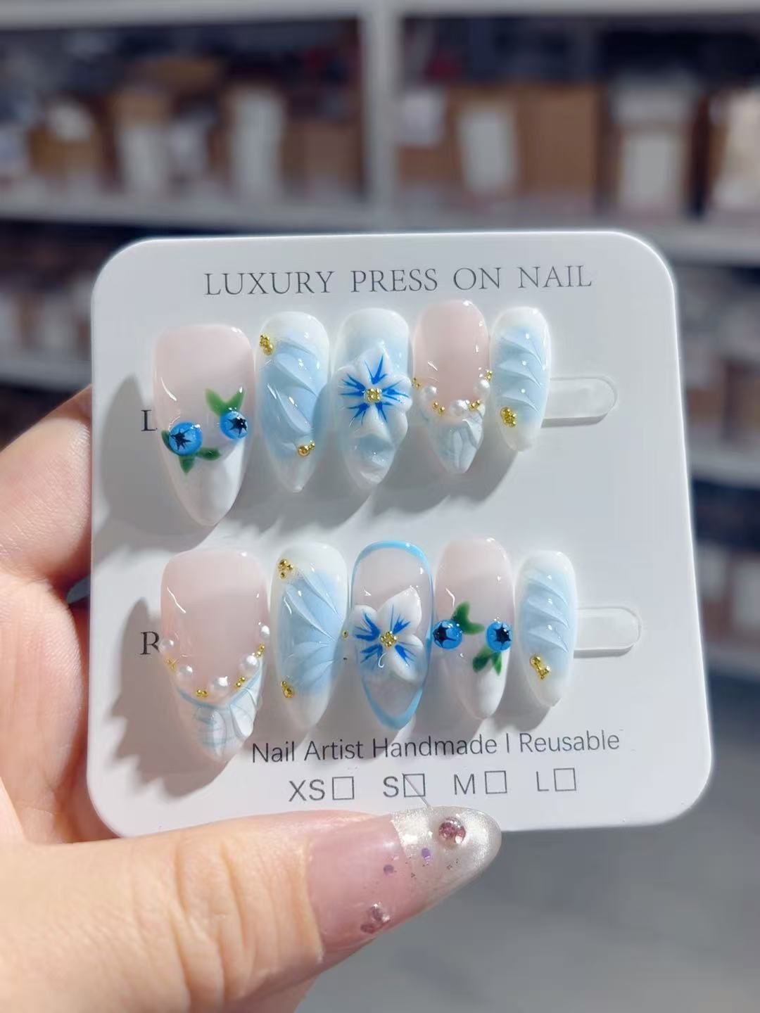 Blueberry Breeze: "Azure Berry Bloom" – Almond Press-On Nails