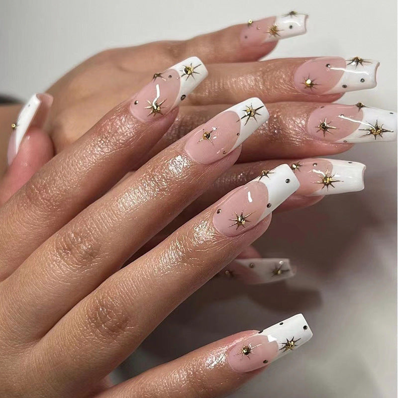 Adesivos de unha, unhas francesas com bordas brancas, produto final, atacado, strass, luz de estrela, unhas removíveis｜365nails