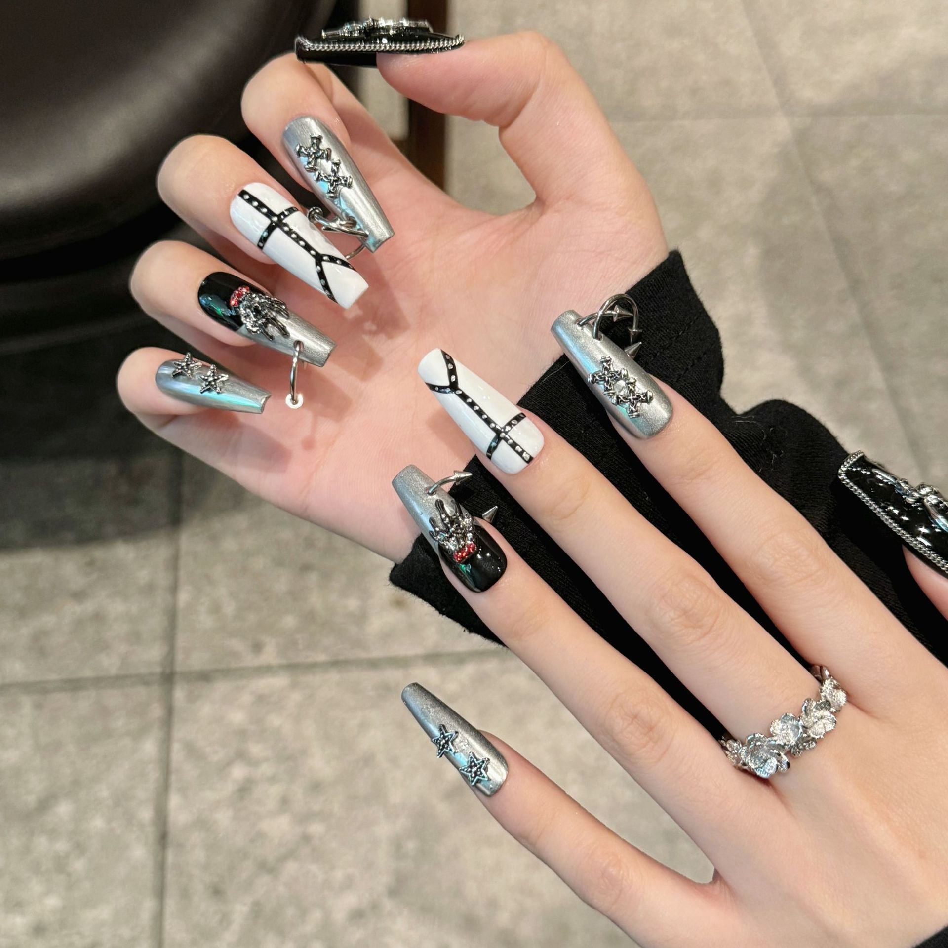 Punk goth style press on nails black long high-end handmade sweet and cool white niche  millennial babes | 365nails