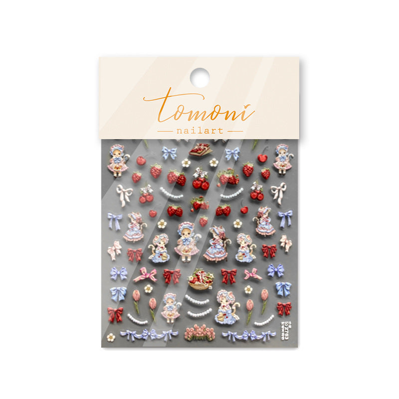 Lolita Doll & Berry Floral: "Strawberry Lolita Garden" – 5D Embossed Nail Sticker