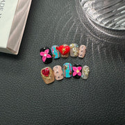 365nails: "Sweetheart's Whimsy" – 3D Floral & Heart Handmade Short Square Nails