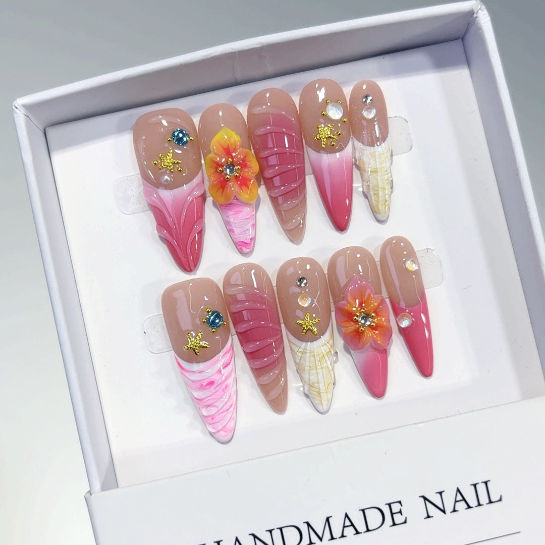 Tropical Starfish: "Pink Floral" – Almond Press-On Nails