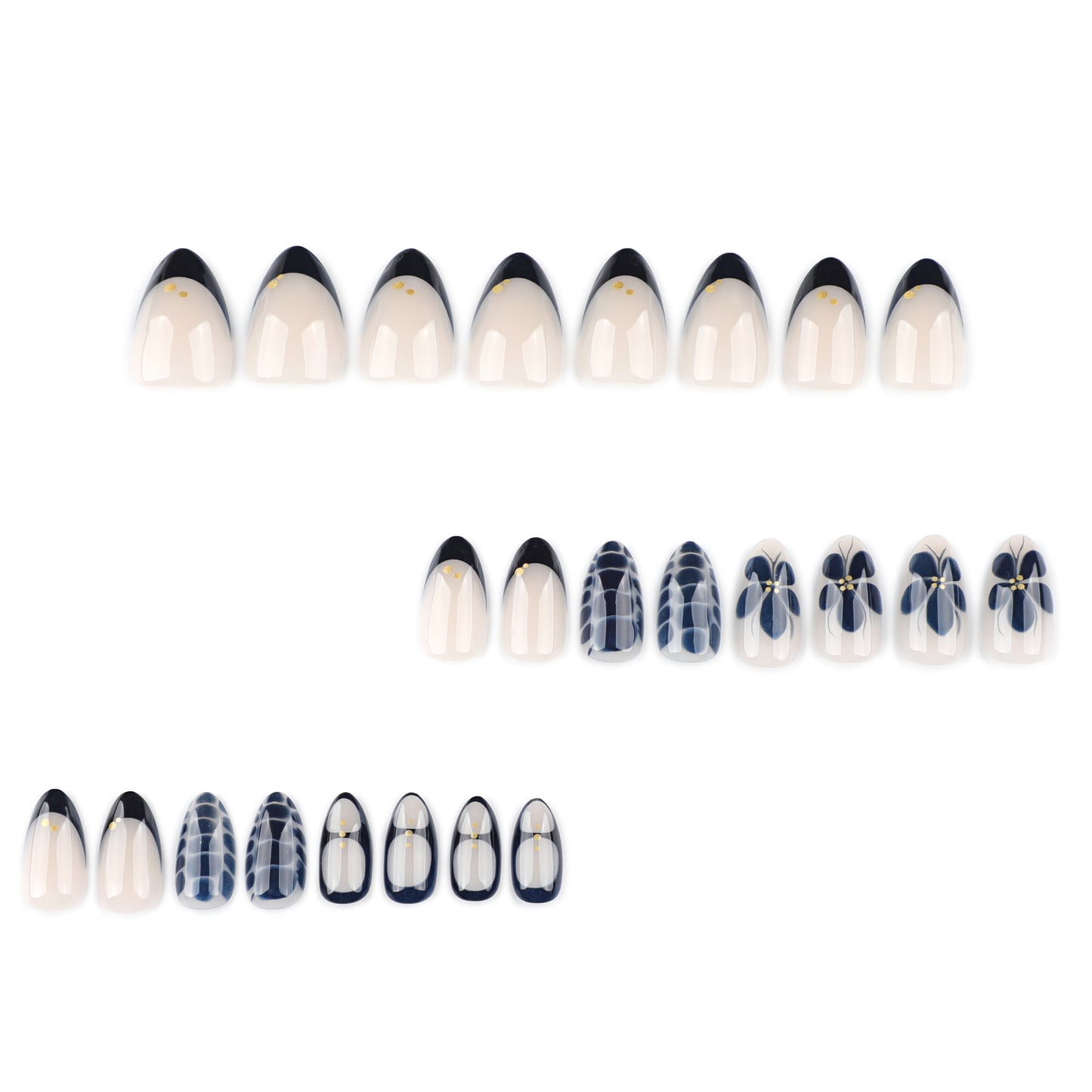 Navy Petal Accent Nails with Soft Nude Contrast