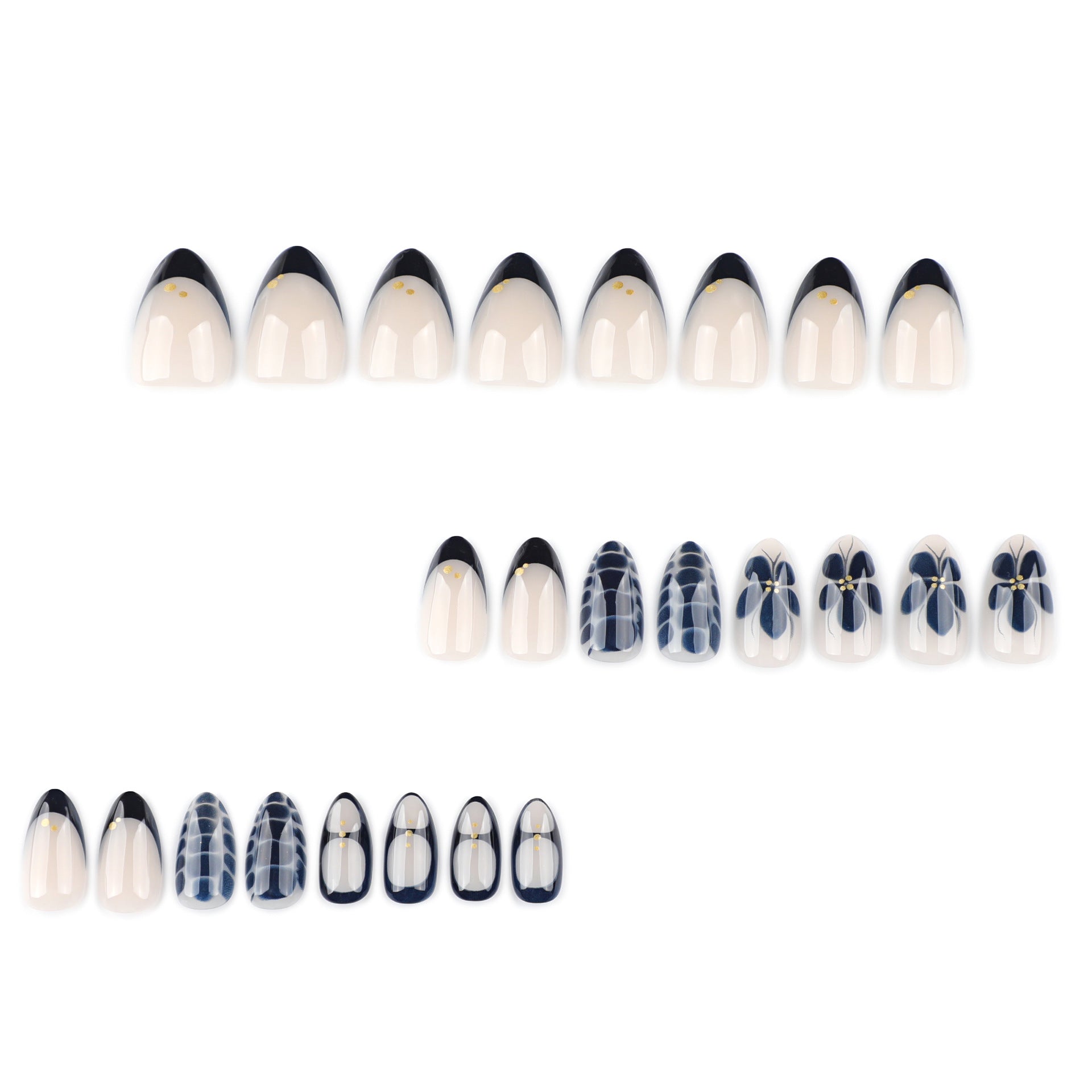 Navy Petal Accent Nails with Soft Nude Contrast