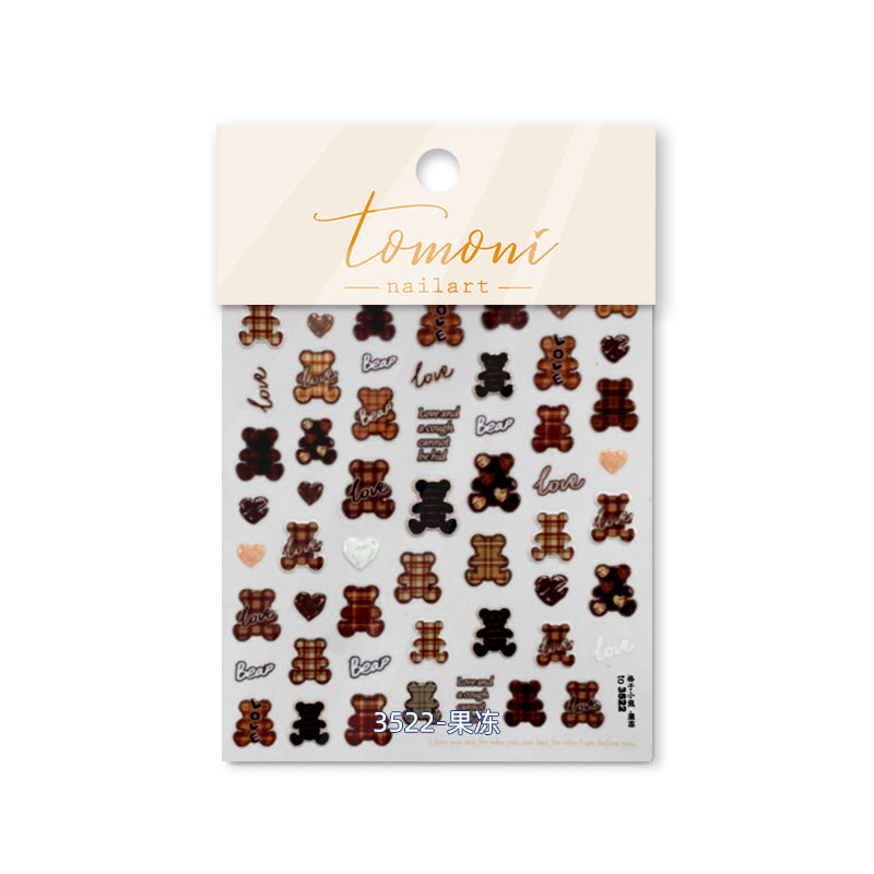 Plaid Teddy Bear Nail Stickers – 5D Embossed Sweet Love Set