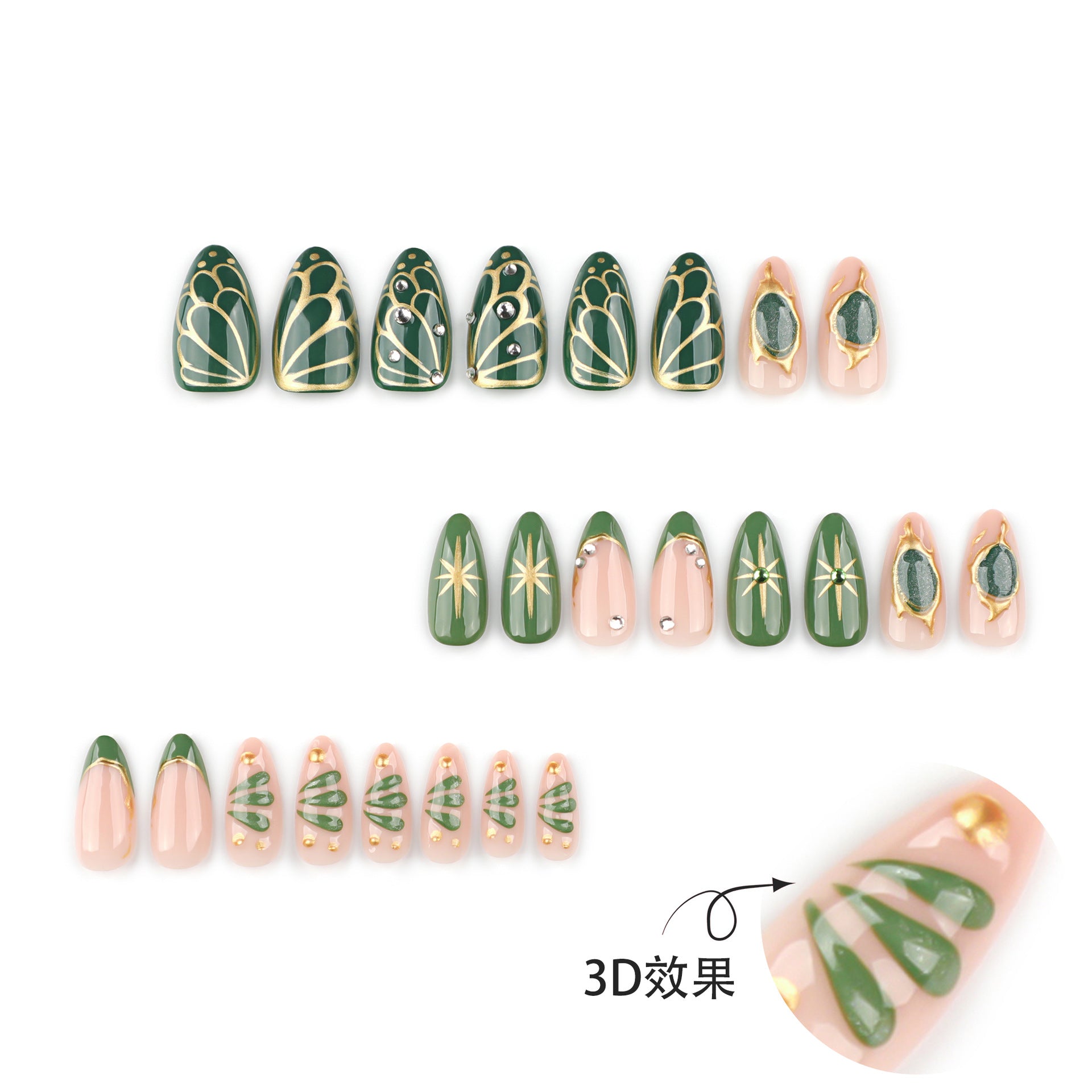 Green Gem Inspired Nails with Gold Metallic Accent Details