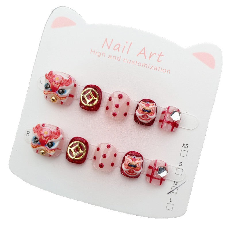 365nails: "lucky red lion dance" – short round handmade kids press-on nails
