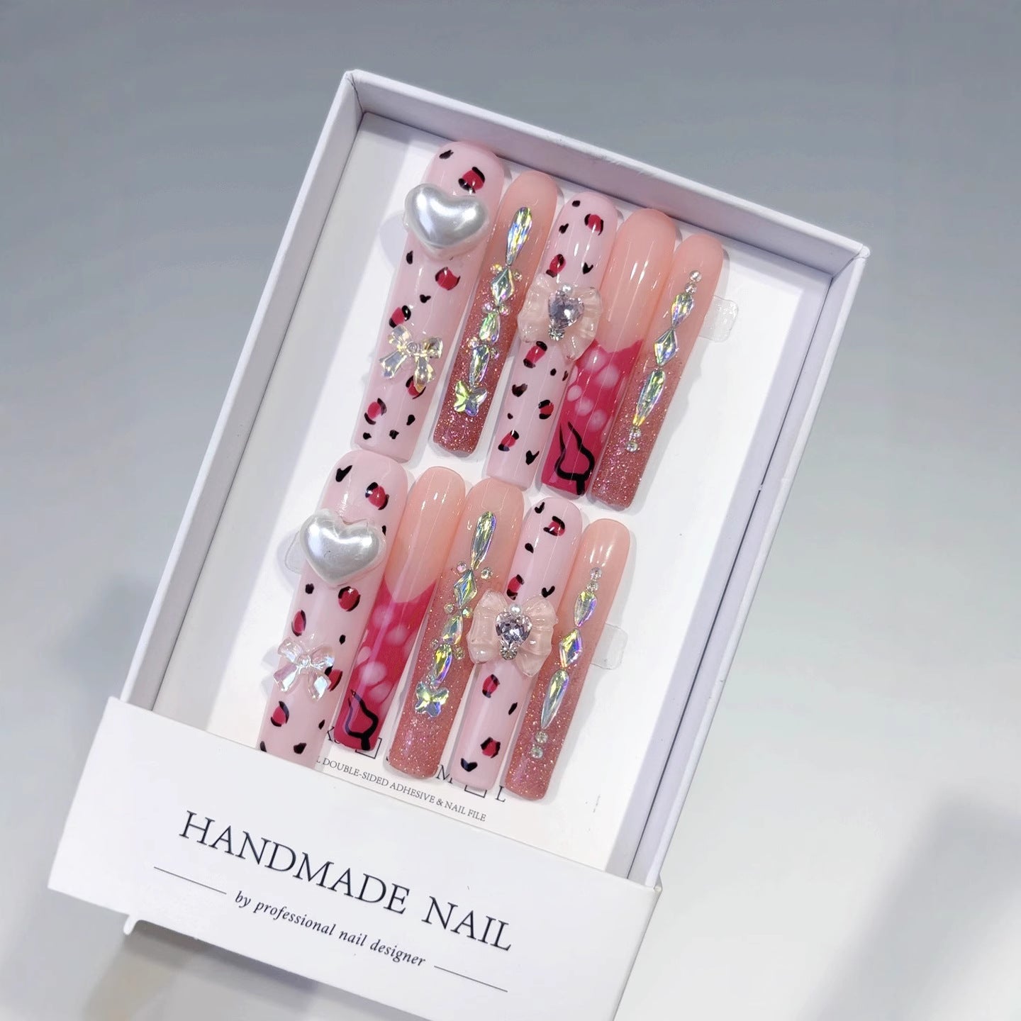 Pink Leopard Heart Crystal Glam Press On Nails