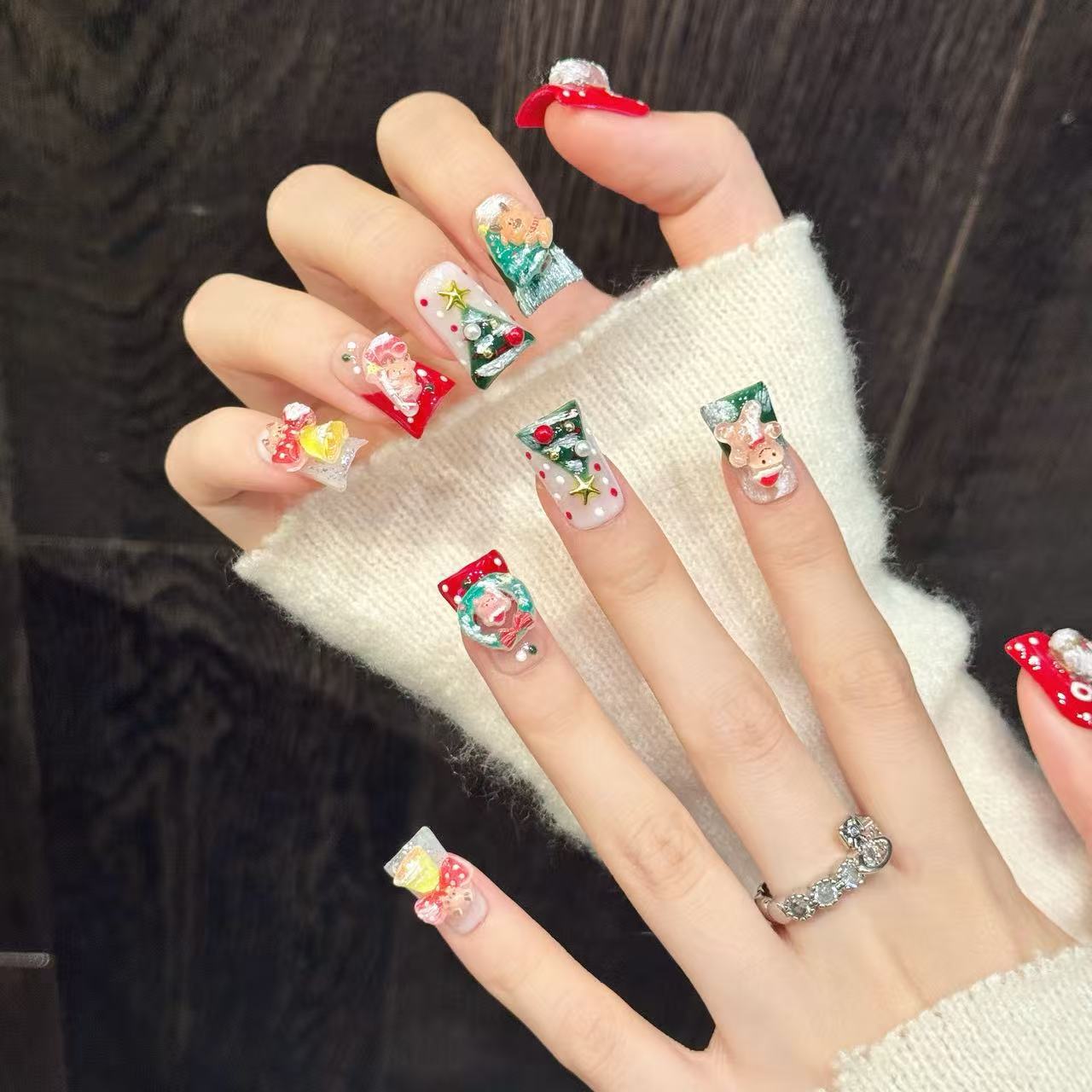 Cute Christmas 3D Festive Red Green Press On Nails
