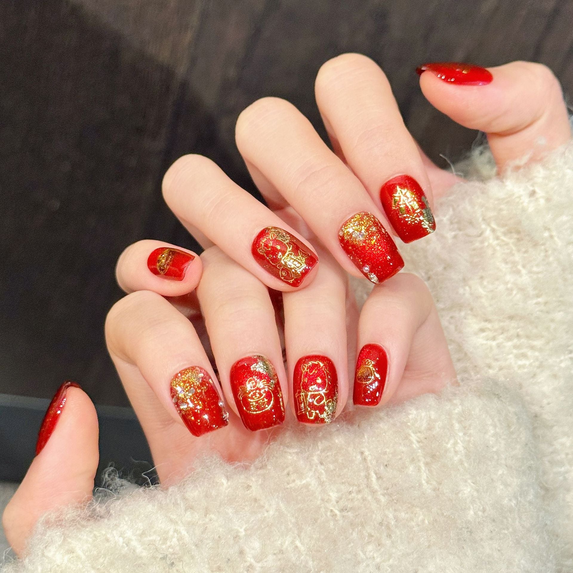 365nails: "Golden Fortune" – Chinese New Year Handmade Short Square Nails