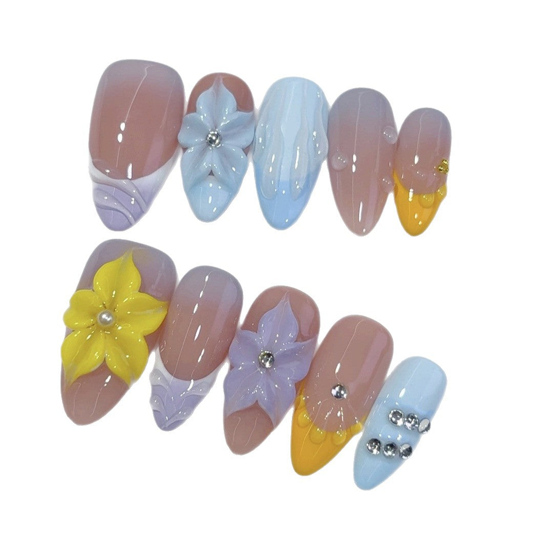 Pastel Bloom: "Colorful Petal" – Medium Almond Handmade Press On Nails