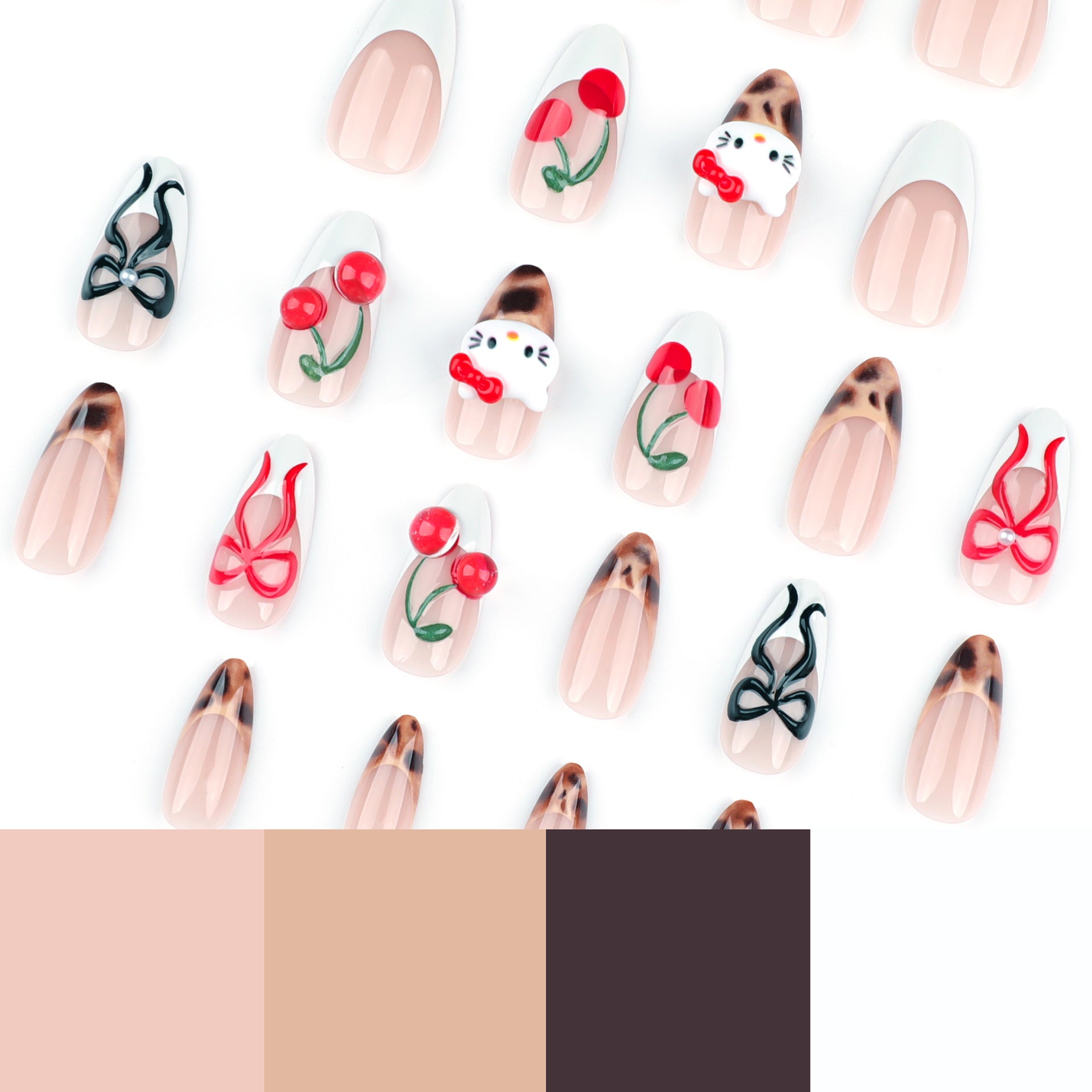 3D立體蝴蝶結可拆式法式可愛櫻桃短款杏仁形穿戴甲｜365nails
