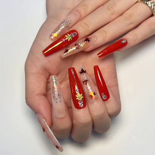 Autumn and winter white maple leaf sequins wear armor  Europe, America, big red diamond-encrusted nail art glitter powder nail products wholesale｜365nails