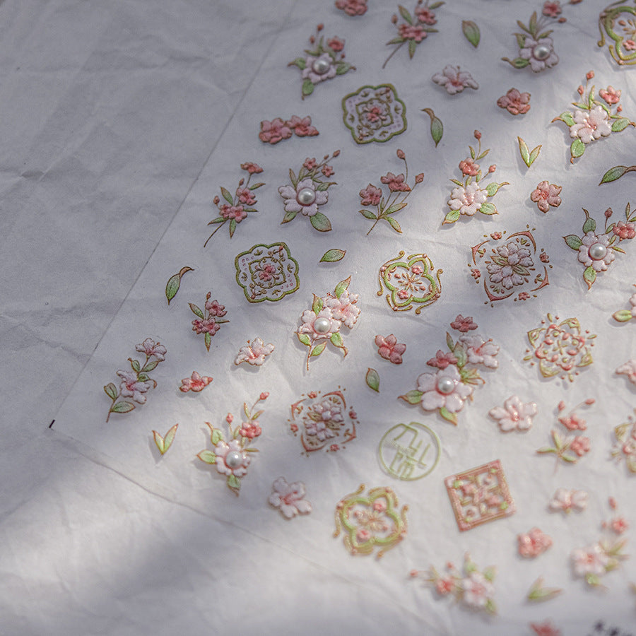 Oriental Peach Blossom & Pattern: "Elegant Peach Blossom" – 5D Embossed Nail Sticker