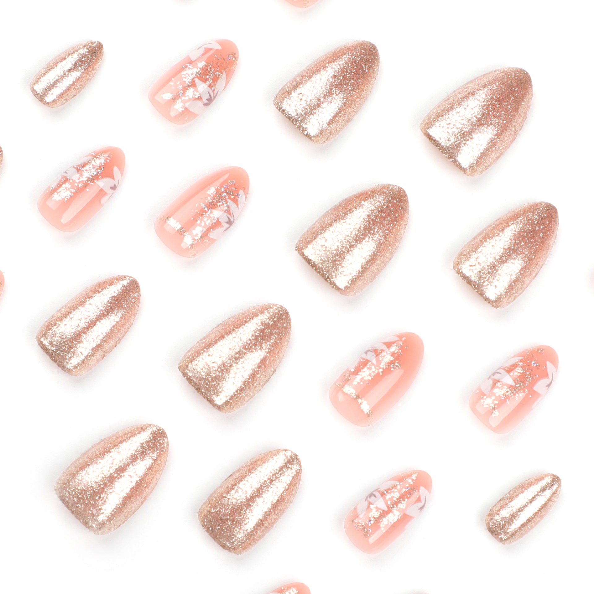 Uñas de verano con pequeñas flores frescas, venta al por mayor, con purpurina dorada y almendra, para usar a presión | 365nails