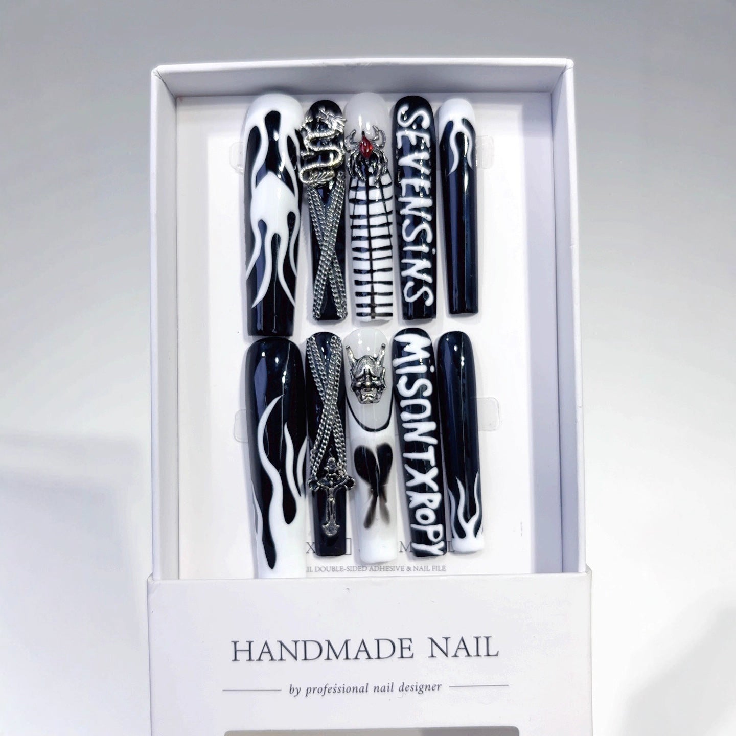 Black White Gothic Cross Flame Statement Press On Nails